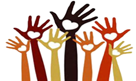 red, yellow, orange, and brown arms reaching up with white hearts in the backs of the hands